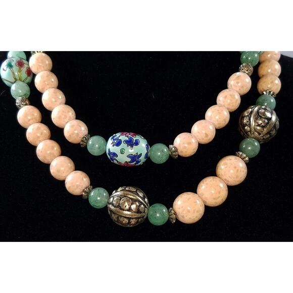 Vtg Chinese Pink Green Peking Glass Bead Necklace Painted Porcelain Silver Plate - Picture 5 of 10
